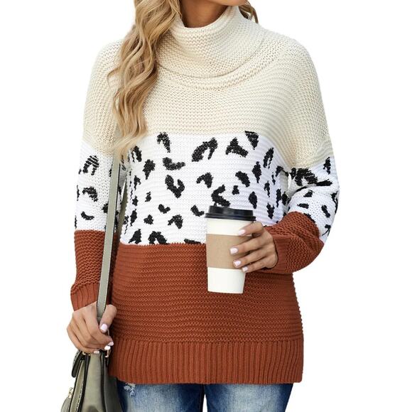 Blencot Sweaters - Women's Turtleneck Chunky long sleeve Leopard Print Sweater Cable Knit Sweater L